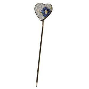 Vintage Heart Shaped Enamel Stick Pin Blue Flower Design Fashion Jewelry Women